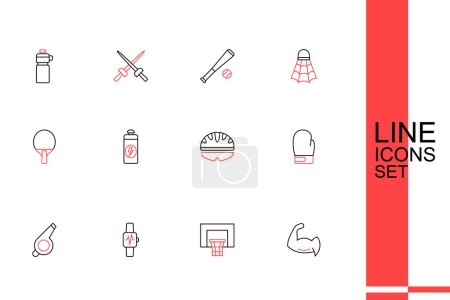 Set line Bodybuilder showing his muscles, Basketball backboard, Smart watch with heart, Whistle, Boxing glove, Bicycle helmet, Fitness shaker and Racket icon. Vector