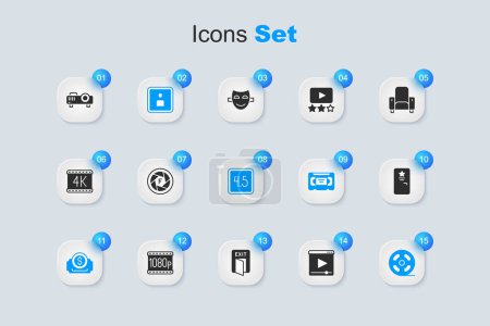 Set Online play video, Camera shutter, Play Video, Cinema ticket, Film reel, Backstage, Movie, film, media projector and Rating movie icon. Vector