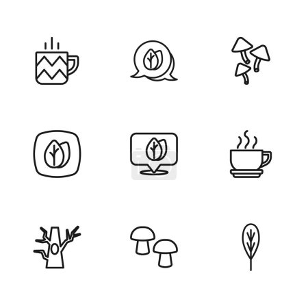 Set Linie Pilz, Kaffeetasse, Blatt, Standort mit Blatt, Tasse Tee und Symbol. Vektor