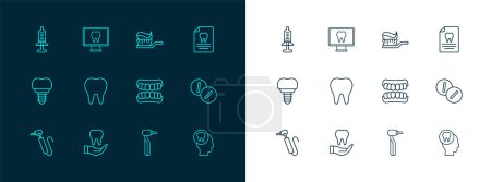 Set line Clipboard with dental card, Tooth, Dentures model, drill, Toothbrush toothpaste, Syringe and Online care icon. Vector