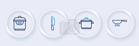 Set line Frying pan on fire, Cooking pot, Knife and Slow cooker icon. Vector