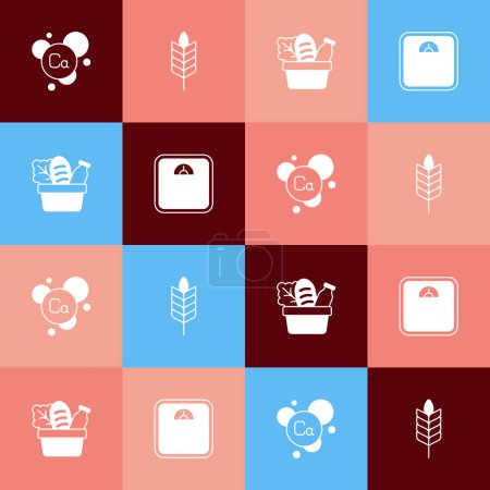 Set pop art Calcium, Wheat, Shopping bag and food and Bathroom scales icon. Vector