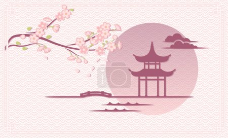 Téléchargez les illustrations : Fleur de cerisier et motif japonais, gazebo sur l'eau sur fond de soleil levant, illustration vectorielle pastel. Carte postale. Style coupe papier. Illustration vectorielle - en licence libre de droit