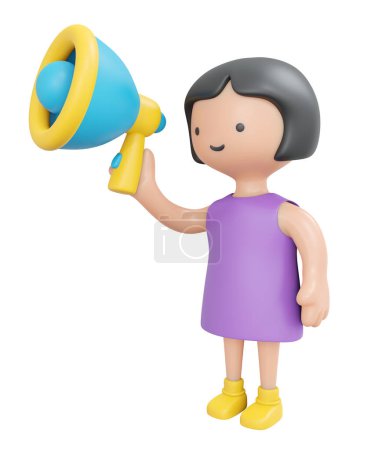 Téléchargez les photos : 3D Rendering happy girl holding megaphone isolated on white cartoon style. 3D Render illustration. - en image libre de droit