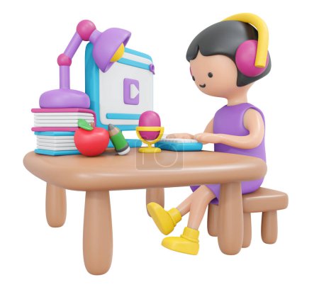 Foto de 3D Representación de niña feliz sentado en el estudio de escritorio en línea en el ordenador aislado en el estilo de dibujos animados blancos. Ilustración 3D Render. - Imagen libre de derechos