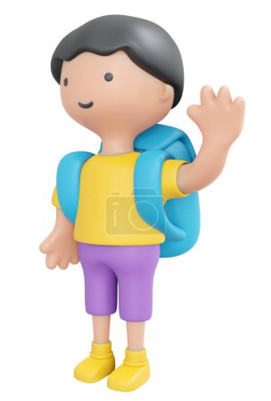3D Rendering happy boy girl waving hand say hello with backpack isolated on white cartoon style. 3D Render illustration.