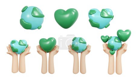 Foto de 3D Representación de eco cuidado ambiental conjunto de mano sosteniendo la tierra y el corazón icono aislado en el concepto blanco del Día Mundial del Medio Ambiente. 3D Renderizar ilustración estilo de dibujos animados. - Imagen libre de derechos