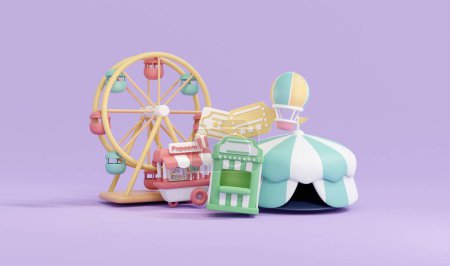 Photo for 3D Rendering illustration of fair festival icons ferris wheel, ticket booth, food truck, balloon, circus tent on background for commercial design concept of fun park entertainment. - Royalty Free Image