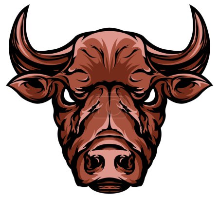Hand drawn face of bull. Color illustration buffalo mascot art.