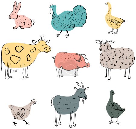 Ilustración de Conjunto de animales de granja en estilo garabato aislados sobre fondo blanco. Ilustraciones elaboradas a mano. - Imagen libre de derechos