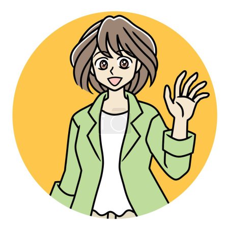 Téléchargez les photos : Une jeune femme portant une veste verte et levant la main dans un cercle orange - en image libre de droit