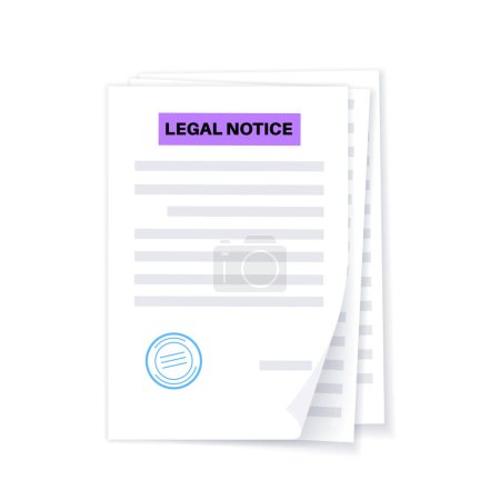 Legal notice concept. Document with text, stamp, seal and signature. Contract mockup with agreement. Realistic file with shadow effect. Approve stamp. Financial, paperwork concept vector illustration.