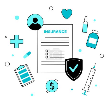 Illustration for Health insurance form. Healthcare and life protection concept. Agreement document, purchase insurance plan. Consultation with drug store, clinic, hospital. Financial coverage flat vector illustration. - Royalty Free Image