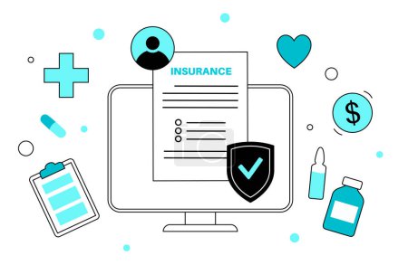 Illustration for Health insurance form online. Healthcare and life protection concept. Digital agreement, purchase insurance plan on the internet on computer. Clinic or hospital financial coverage vector illustration - Royalty Free Image