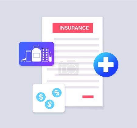 Illustration for Health insurance form. Healthcare and life protection concept. Agreement document, purchase insurance plan. Consultation with drug store, clinic, hospital. Financial coverage flat vector illustration. - Royalty Free Image