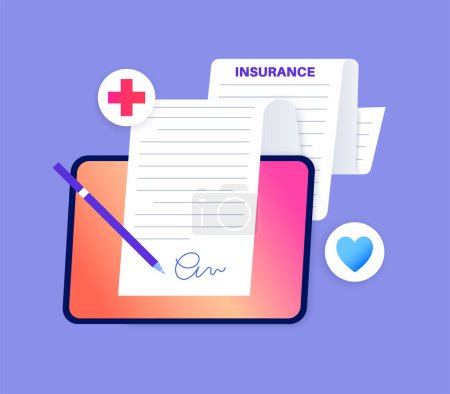 Illustration for Health insurance form online. Healthcare and life protection concept. Digital agreement, purchase insurance plan on the internet on tablet. Clinic or hospital financial coverage vector illustration - Royalty Free Image