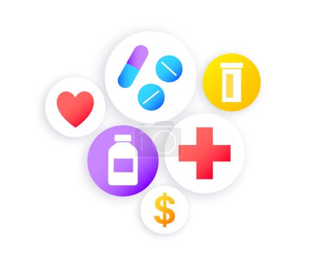 Illustration for Health insurance agency icons. Healthcare, life protection concept. Agreement document, purchase insurance plan. Consultation with drug store, clinic, hospital. Financial coverage vector illustration - Royalty Free Image