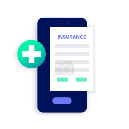 Illustration for Health insurance form online. Healthcare and life protection concept. Digital agreement, purchase insurance plan on internet on smartphone. Clinic or hospital financial coverage vector illustration - Royalty Free Image