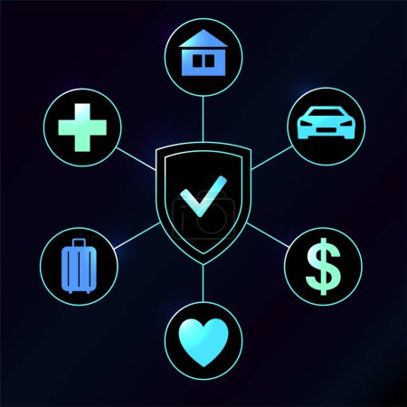 Illustration for Insurance agency icons. Car, health or house safety concept. Agreement with client, insurance plan purchase. Property protection from financial loss or money compensation flat vector illustration - Royalty Free Image