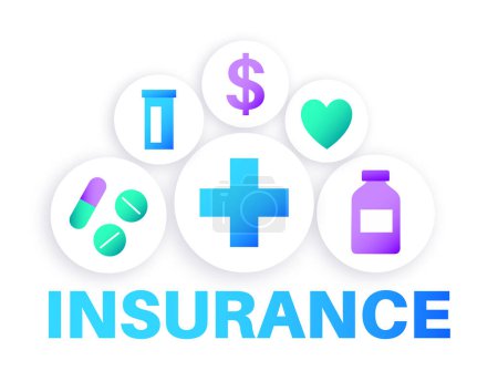 Illustration for Health insurance agency icons. Healthcare, life protection concept. Agreement document, purchase insurance plan. Consultation with drug store, clinic, hospital. Financial coverage vector illustration - Royalty Free Image