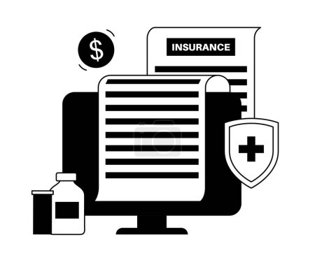 Illustration for Health insurance form online. Healthcare and life protection concept. Digital agreement, purchase insurance plan on the internet on computer. Clinic or hospital financial coverage vector illustration - Royalty Free Image