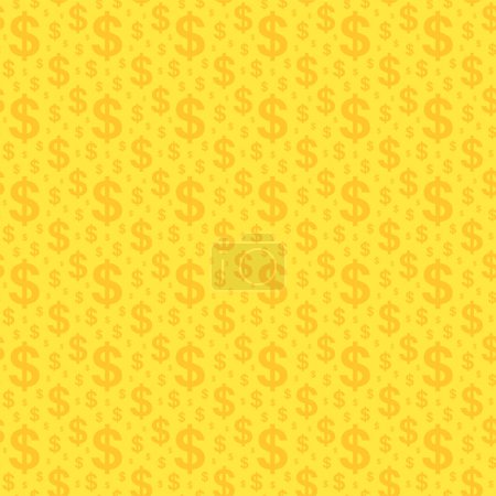 Illustration for Dollar symbol seamless pattern. Cash icons, money graphic ornament. Decoration paper or wallpaper. Salary time. Banking or commerce. Finance or investment flat vector illustration on gold background - Royalty Free Image