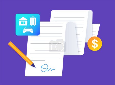 Illustration for Loan paper page document. Borrowed money from bank for individuals or organizations. Personal fixed interest rate for car, wedding, house, business. Lending cash in agency flat vector illustration. - Royalty Free Image