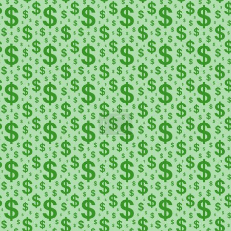 Illustration for Dollar symbol seamless pattern. Cash icons, money graphic ornament. Decoration paper or wallpaper. Salary time. Banking or commerce. Finance or investment flat vector illustration on green background - Royalty Free Image