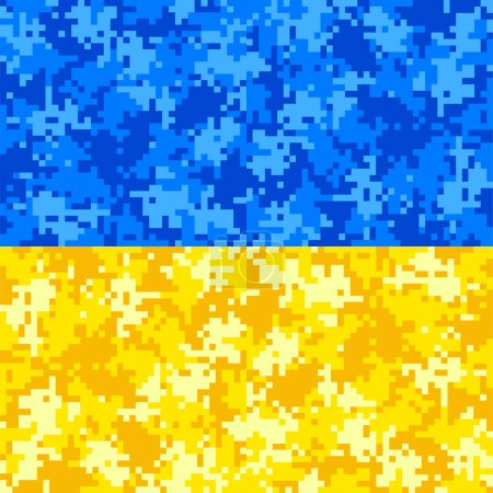 Yellow blue Ukrainian national flag, camouflage texture. Ukraine military digital pixel tiles. Modern camo, independence war concept. Multicolor textile, militaristic wallpaper vector illustration