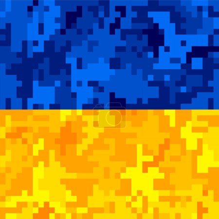 Téléchargez les illustrations : Yellow blue Ukrainian national flag, camouflage texture. Ukraine military digital pixel tiles. Modern camo, independence war concept. Multicolor textile, militaristic wallpaper vector illustration - en licence libre de droit