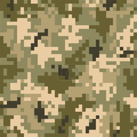 Ilustración de Camouflage seamless pattern. Khaki digital ukrainian pixel. Woodland military textile. Modern camo uniform for soldiers in the war in Ukraine. Multicolor militaristic wallpaper vector illustration - Imagen libre de derechos