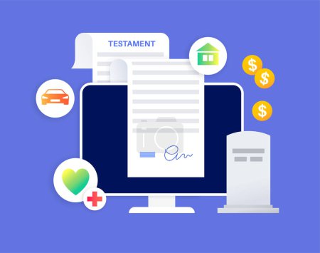 Téléchargez les illustrations : Testament and inheritance contract. Last weel form paper document. Legal work and lawyer consultation. Death planning for old age people. Finance letter, agreement signing flat vector illustration. - en licence libre de droit