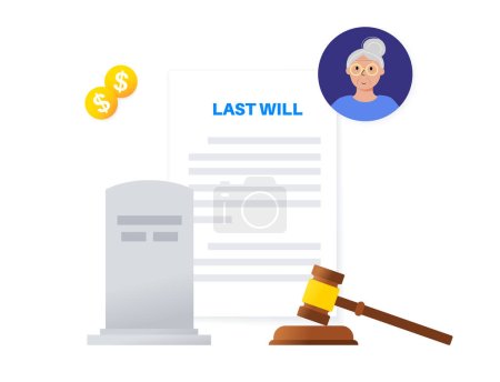 Téléchargez les illustrations : Last weel form paper document. Legal work and lawyer consultation. Death planning for old age people. Testament and inheritance contract. Finance letter, agreement signing flat vector illustration. - en licence libre de droit