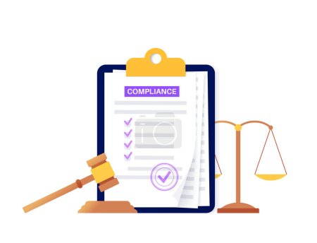 Compliance document concept. Information required to verify the implementation. Specific list of rules. Sheet of paper with checklist, justice scale and gavel. Corporate policy vector illustration.