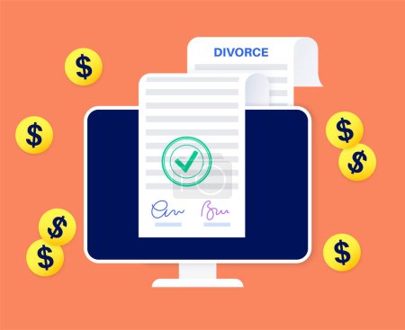Illustration for Divorce certificate online. Official process of terminating a marriage or marital union on a website. Marriage cancellation documents. Division of assets on divorce flat vector illustration - Royalty Free Image