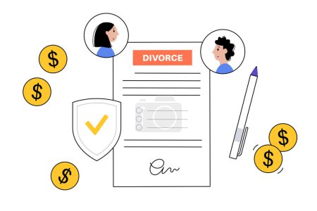 Illustration for Divorce certificate concept. Terminating a marriage or marital union. Marriage cancellation documents. End of relationship between a married couple. Division of assets on divorce vector illustration - Royalty Free Image