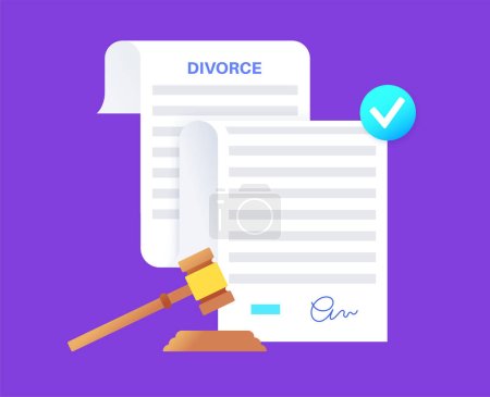 Illustration for Divorce certificate concept. Official paperwork process of terminating a marriage or marital union. Marriage cancellation documents. End of relationship between a married couple vector illustration - Royalty Free Image
