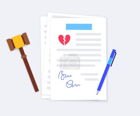 Divorce certificate concept. Official paperwork process of terminating a marriage or marital union. Marriage cancellation documents. End of relationship between a married couple vector illustration