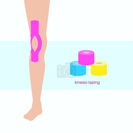 Illustration for Elastic therapeutic tape. Kinesiology tape on the human knee. KT method, elastic strip purported to ease pain from athletic injuries. Protection for muscles and ligaments flat vector illustration. - Royalty Free Image