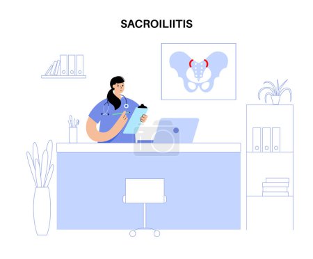 Illustration for Sacroiliitis disease, diagnosis and treatments in clinic. Inflamed sacroiliac joints. Doctor chiropractor. Lower spine and pelvis inflammatory connection. Pain in lower back flat vector illustration - Royalty Free Image
