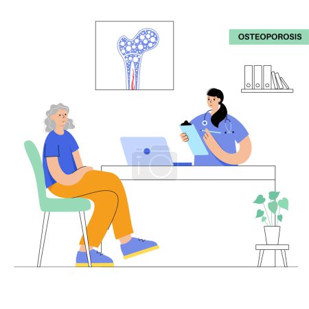 Illustration for Osteoporosis disease concept. Systemic skeletal disorder, loss of bone mineral density. Increased risk of hip fracture in older women. Morbidity and mortality in the elderly, flat vector illustration - Royalty Free Image