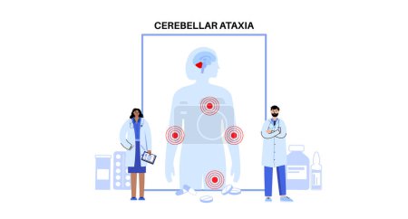Illustration for Cerebellar ataxia medical poster. Degenerative disease of the nervous system. Slurred speech, stumbling, falling, lack of coordination. Poor muscle control, clumsy movements flat vector illustration - Royalty Free Image