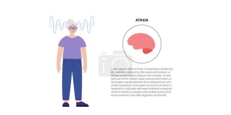 Cerebellar ataxia medical poster. Degenerative disease of the nervous system. Slurred speech, stumbling, falling, lack of coordination. Poor muscle control, clumsy movements flat vector illustration