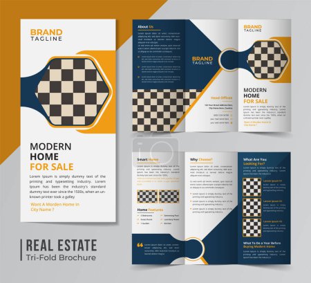 Illustration for Corporate real estate and home apartment trifold brochure template design, horizontal trifold business brochure design with A4 size layout - Royalty Free Image