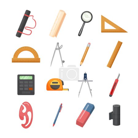 Illustration for Architect equipment icons set cartoon vector. School design. Desktop architecture - Royalty Free Image