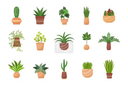 Téléchargez les illustrations : Icônes de plantes d'intérieur mis vecteur de dessin animé. Design de fleurs. Pot gardénia - en licence libre de droit