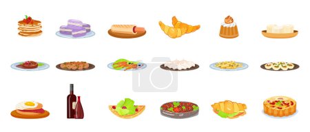 Illustration for French food icons set cartoon vector. Cafe meal. Restaurant breakfast - Royalty Free Image