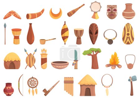 Téléchargez les illustrations : Icônes aborigènes définir vecteur de dessin animé. Afrique culturelle. Tribu totémique - en licence libre de droit