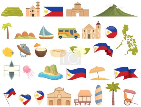 Ilustración de Filipinas iconos conjunto vector de dibujos animados. Tarsero Bohol. Cultura emblemática - Imagen libre de derechos