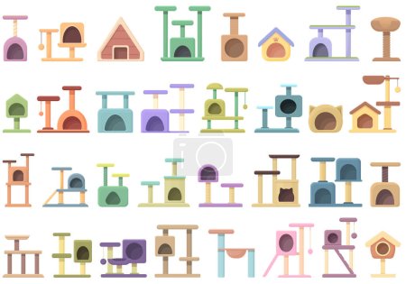 Illustration for Cat house icons set cartoon vector. Tree tower. House post - Royalty Free Image